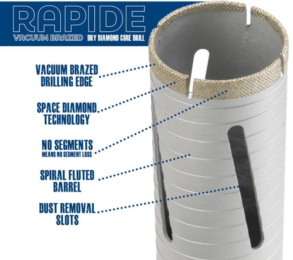 DDC Rapide Vacuum Brazed Dry Diamond Core Drill features