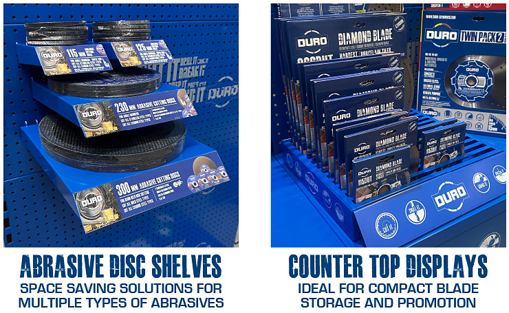 DURO in-store abrasive disc shelves and counter top displays